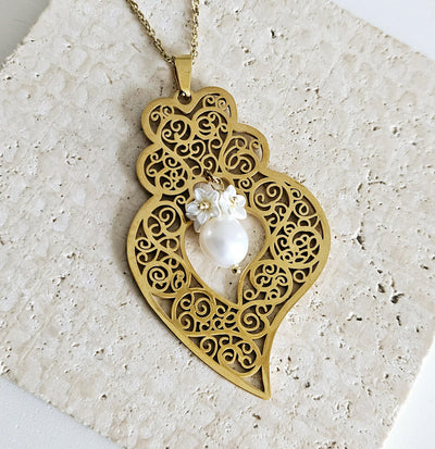 GOLD Filigree Heart Necklace Portuguese Viana Heart Pendant Portugal Jewelry Gold Heart Pendant Mother Pearl Flower Necklace Mother Gift