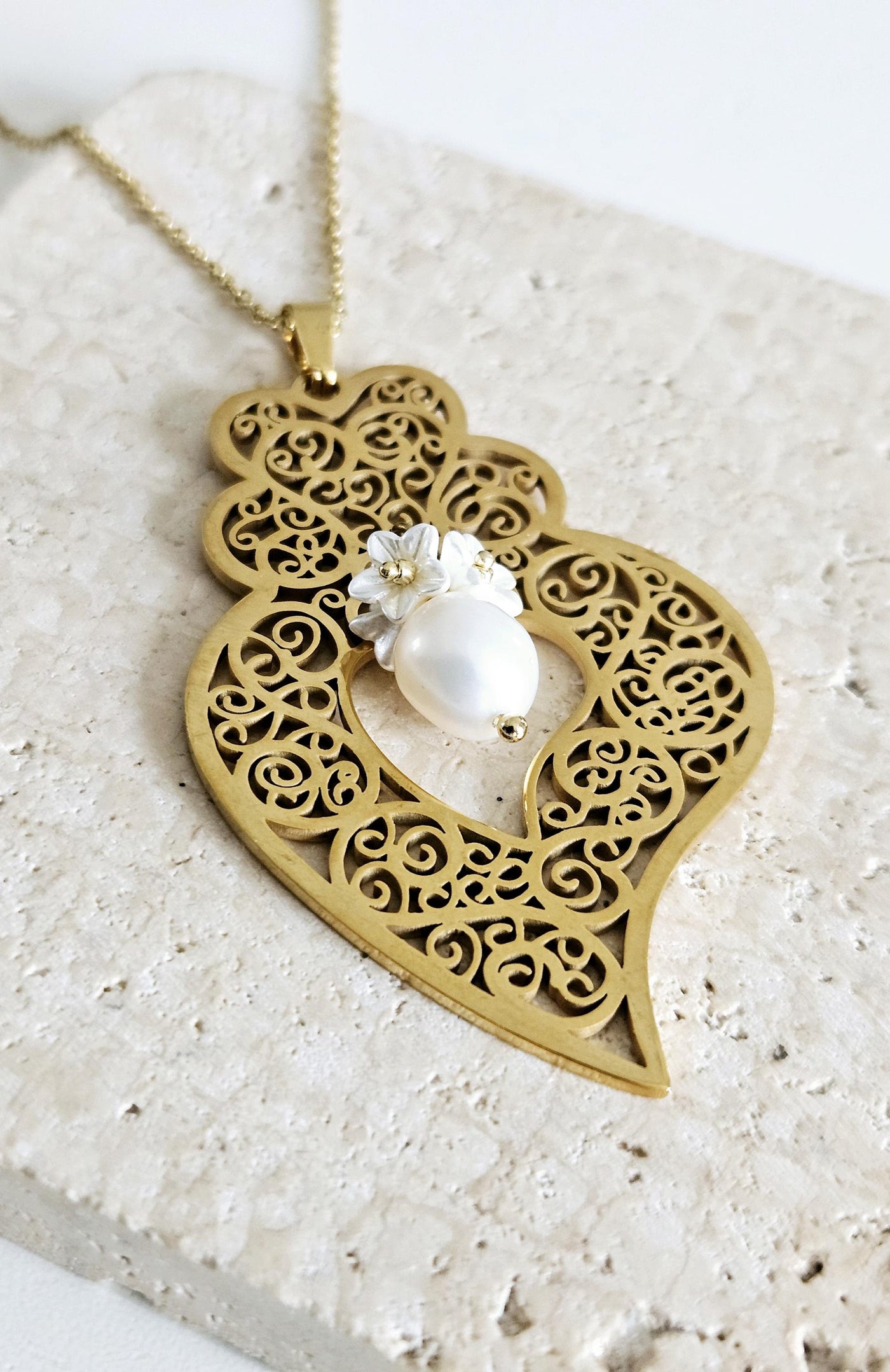 GOLD Filigree Heart Necklace Portuguese Viana Heart Pendant Portugal Jewelry Gold Heart Pendant Mother Pearl Flower Necklace Mother Gift