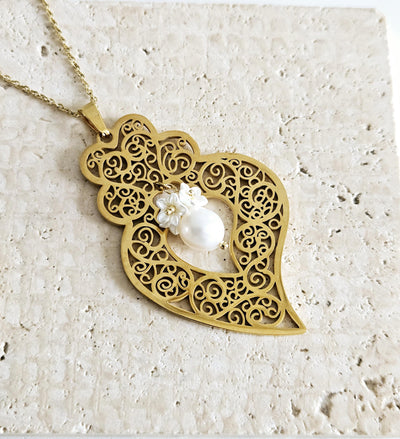 GOLD Filigree Heart Necklace Portuguese Viana Heart Pendant Portugal Jewelry Gold Heart Pendant Mother Pearl Flower Necklace Mother Gift