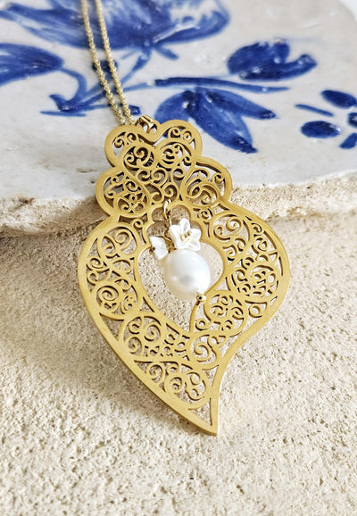 GOLD Filigree Heart Necklace Portuguese Viana Heart Pendant Portugal Jewelry Gold Heart Pendant Mother Pearl Flower Necklace Mother Gift