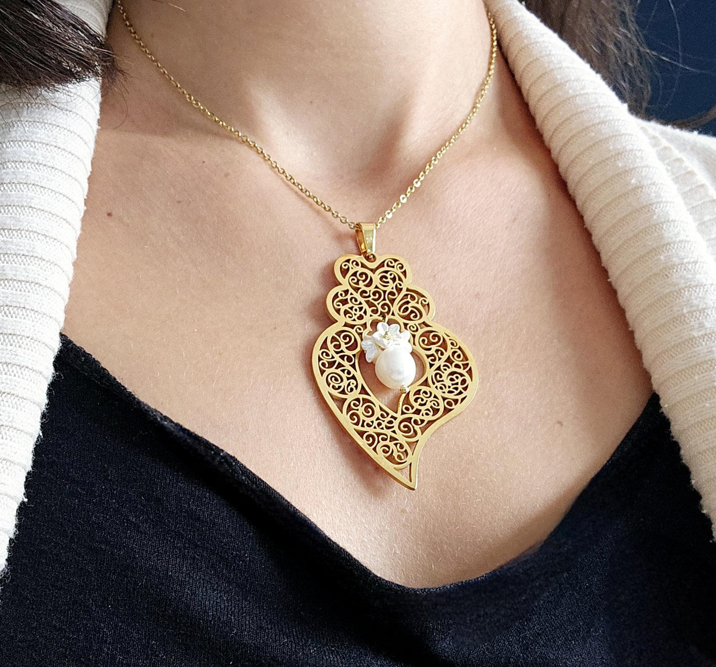 GOLD Filigree Heart Necklace Portuguese Viana Heart Pendant Portugal Jewelry Gold Heart Pendant Mother Pearl Flower Necklace Mother Gift