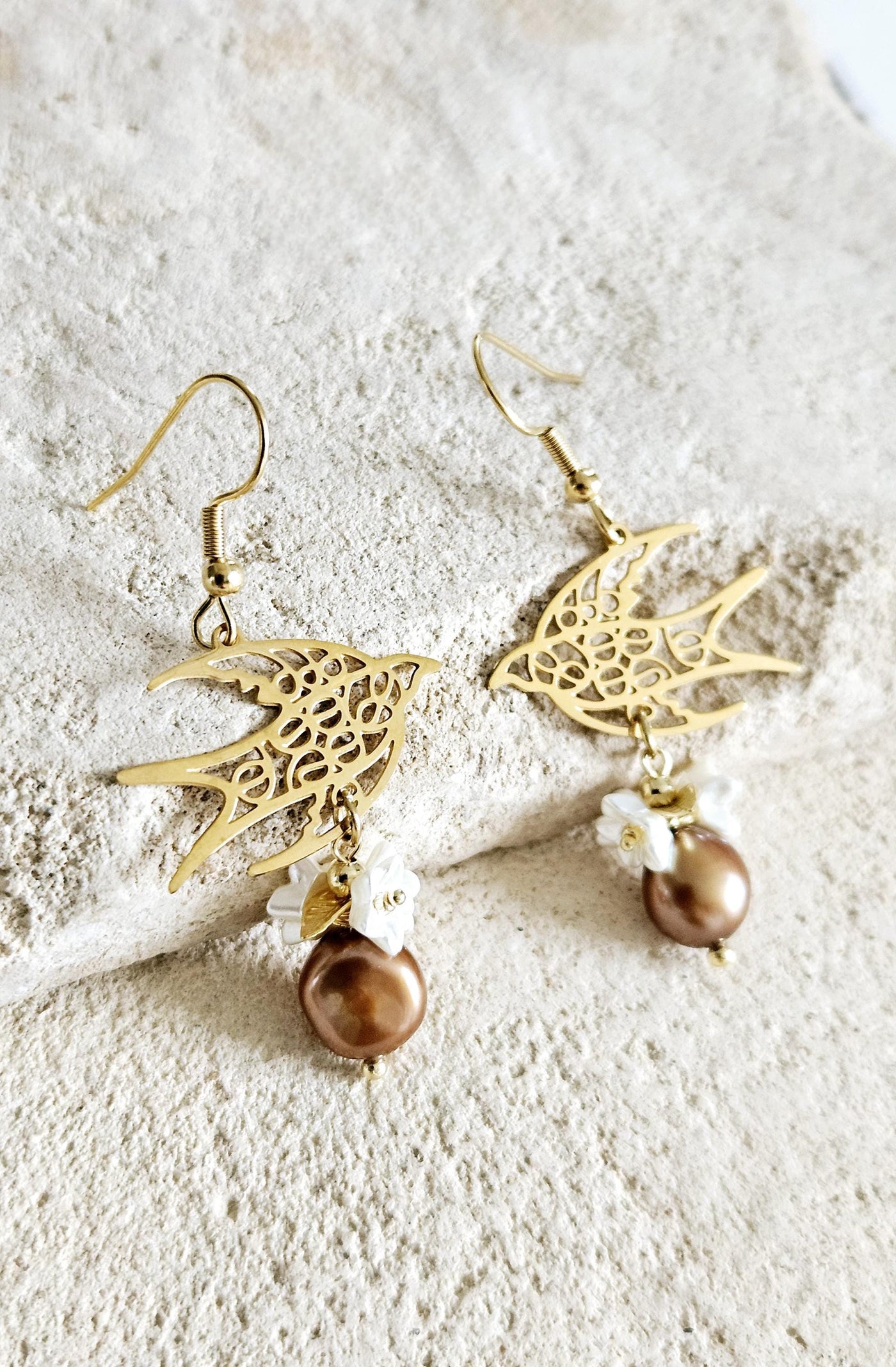 Swallow Filigree Earring GOLD Steel Brown PEARL White Flowers Dangle Thin Earring Lightweight Jewelry Mom Birthday Gift Spring Bird Earrings