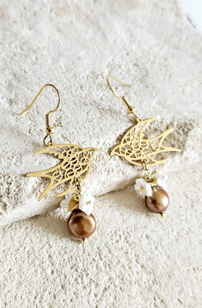 Swallow Filigree Earring GOLD Steel Brown PEARL White Flowers Dangle Thin Earring Lightweight Jewelry Mom Birthday Gift Spring Bird Earrings