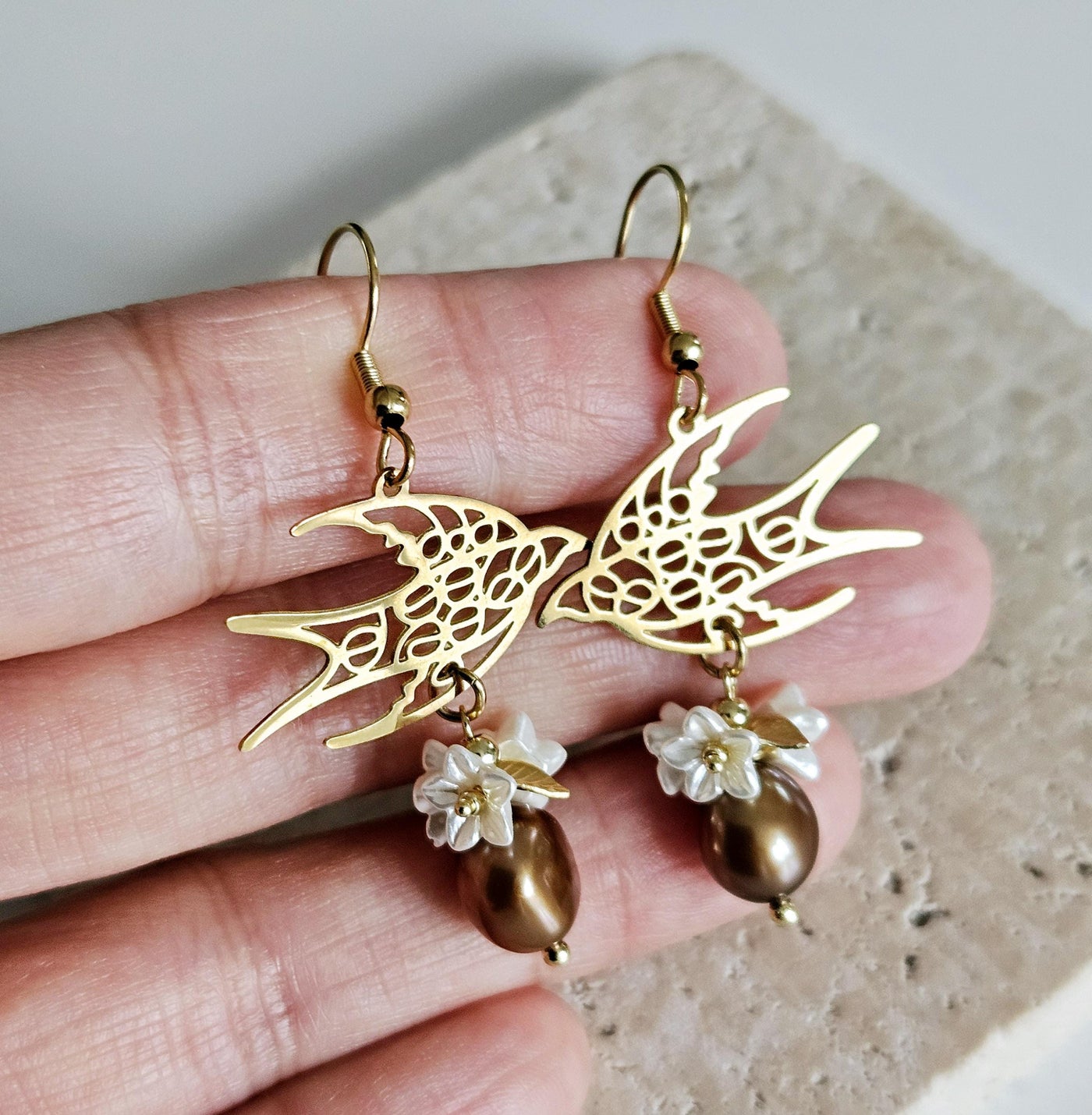 Swallow Filigree Earring GOLD Steel Brown PEARL White Flowers Dangle Thin Earring Lightweight Jewelry Mom Birthday Gift Spring Bird Earrings