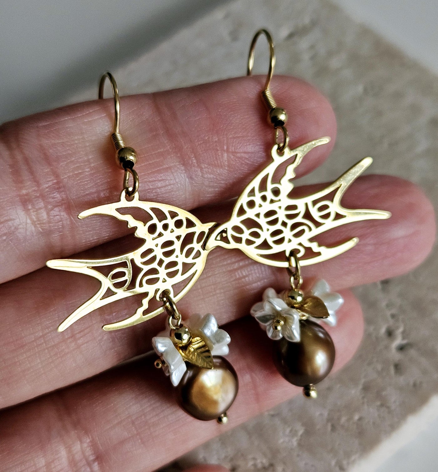 Swallow Filigree Earring GOLD Steel Brown PEARL White Flowers Dangle Thin Earring Lightweight Jewelry Mom Birthday Gift Spring Bird Earrings