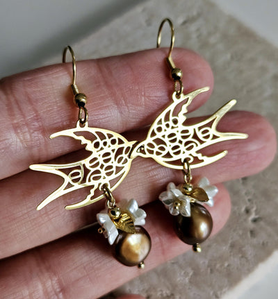 Swallow Filigree Earring GOLD Steel Brown PEARL White Flowers Dangle Thin Earring Lightweight Jewelry Mom Birthday Gift Spring Bird Earrings