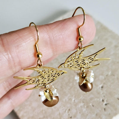 Swallow Filigree Earring GOLD Steel Brown PEARL White Flowers Dangle Thin Earring Lightweight Jewelry Mom Birthday Gift Spring Bird Earrings