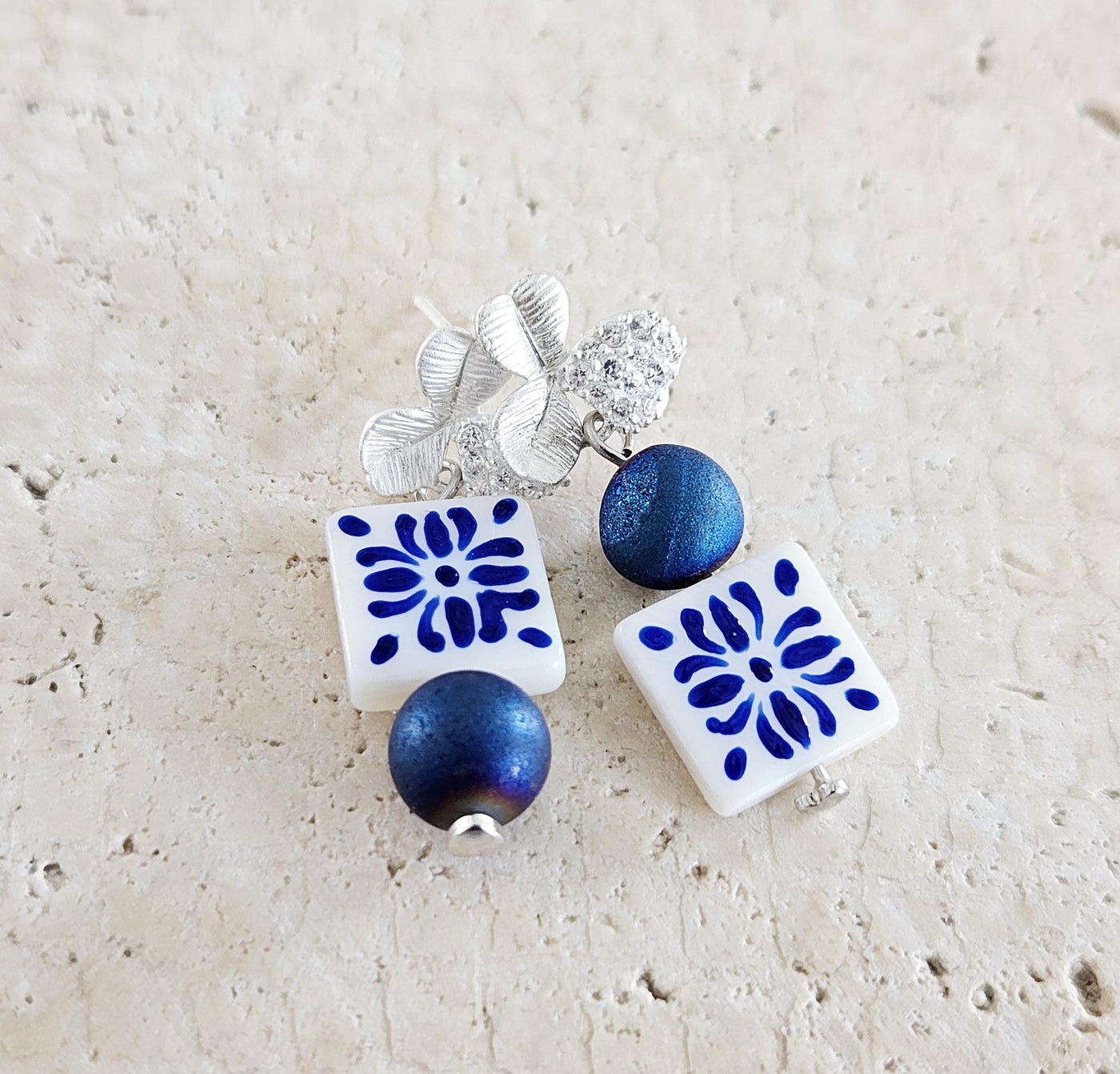 Hand Painted CERAMIC Tile Earring Portuguese Blue White Azulejo Earrings Square Natural Stone Stud Earrings Mother Pearl Porcelain Stud Gift