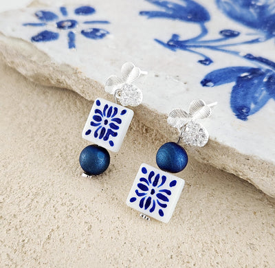 Hand Painted CERAMIC Tile Earring Portuguese Blue White Azulejo Earrings Square Natural Stone Stud Earrings Mother Pearl Porcelain Stud Gift