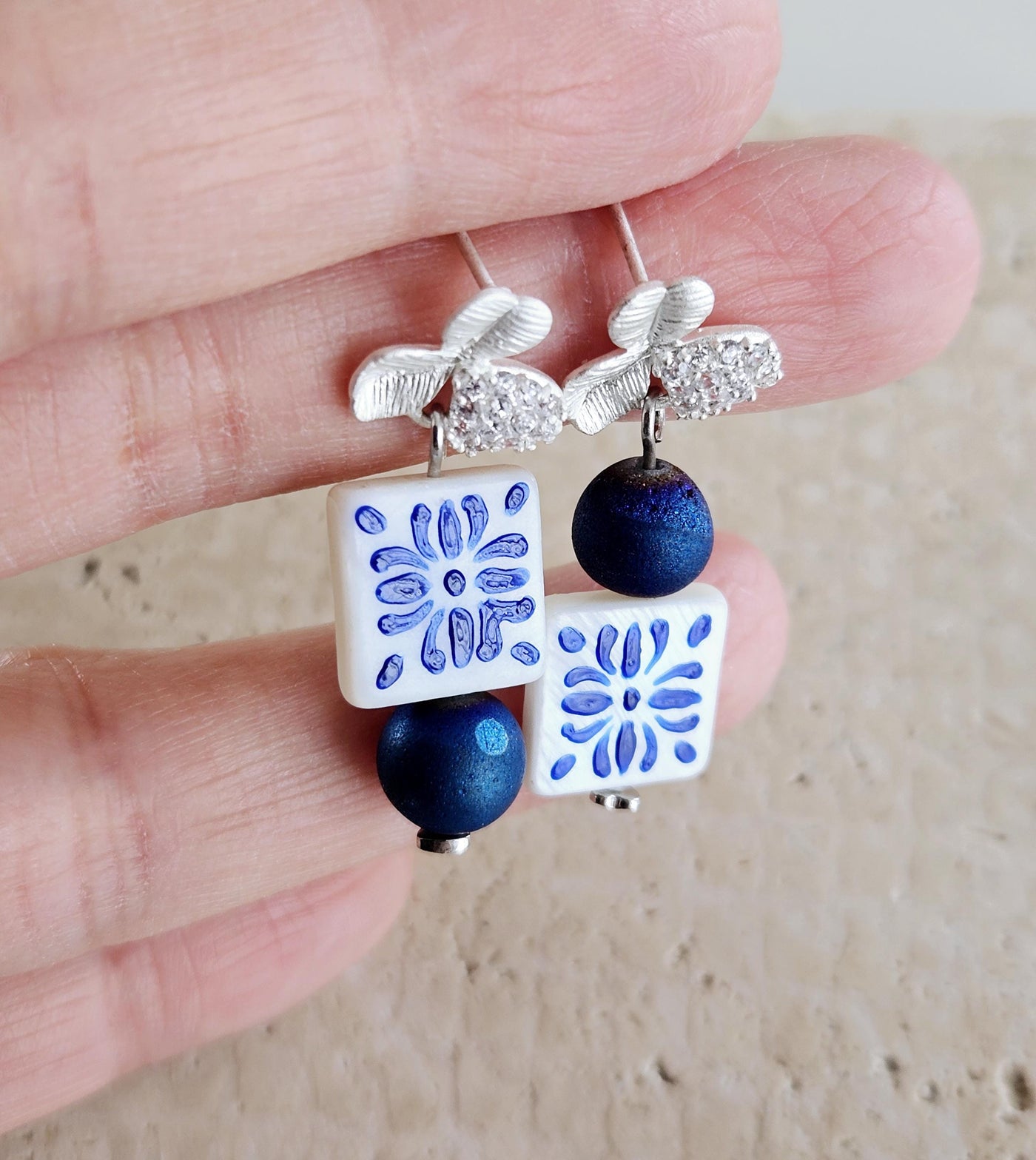 Hand Painted CERAMIC Tile Earring Portuguese Blue White Azulejo Earrings Square Natural Stone Stud Earrings Mother Pearl Porcelain Stud Gift