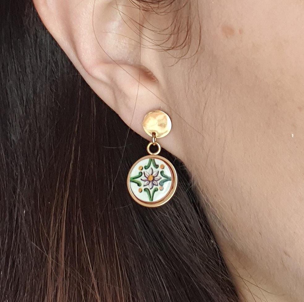 Gold Dot Portugal Tile Steel Post Earring Antique Flower Tile Gold Jewelry Gift Portuguese Heritage Drop Earring Gift Mediterranean Tile