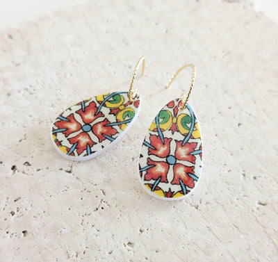 Mexican Flower Red Tile Mother Pearl Teardrop Earring Fiesta Colorful Earring Talavera Mexico Jewelry Spanish Tile Shell Latina Earring Gift