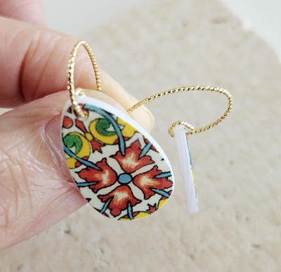 Mexican Flower Red Tile Mother Pearl Teardrop Earring Fiesta Colorful Earring Talavera Mexico Jewelry Spanish Tile Shell Latina Earring Gift