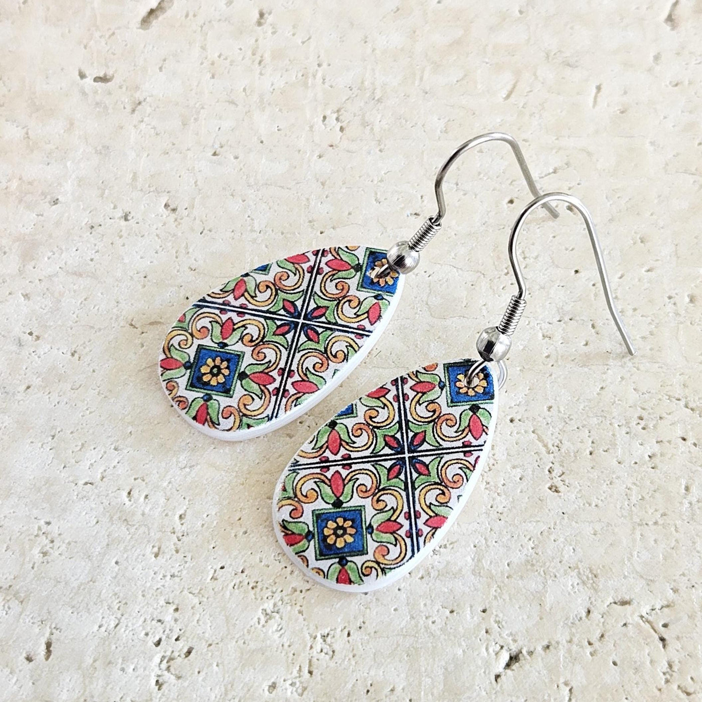 Mexican Red Blue Tile Mother Pearl Teardrop Earring Fiesta Colorful Earring Talavera Mexico Jewelry Spanish Tile Shell Latina Earring Gift