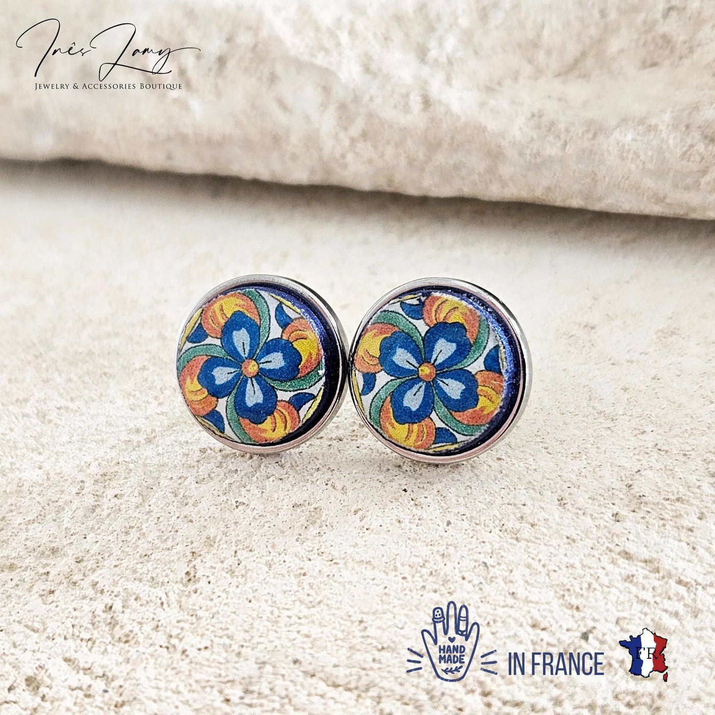 Round Mexican Tile Stud Earring Talavera Colorful Jewelry Mexico Orange Blue Small STEEL Stud Tile Floral Jewelry Spanish Latina Mother Gift