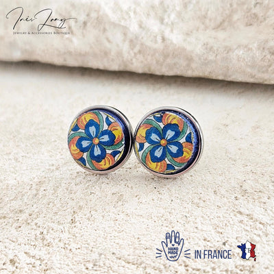 Round Mexican Tile Stud Earring Talavera Colorful Jewelry Mexico Orange Blue Small STEEL Stud Tile Floral Jewelry Spanish Latina Mother Gift