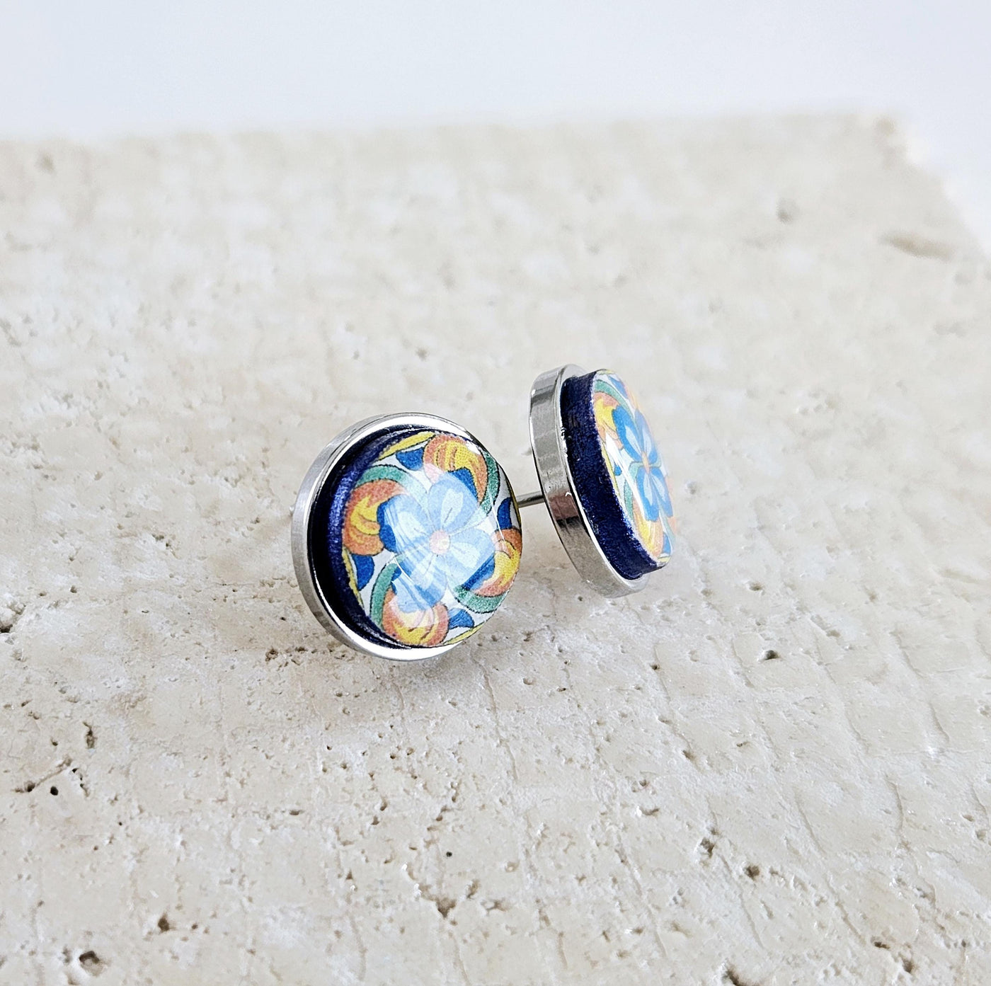 Round Mexican Tile Stud Earring Talavera Colorful Jewelry Mexico Orange Blue Small STEEL Stud Tile Floral Jewelry Spanish Latina Mother Gift