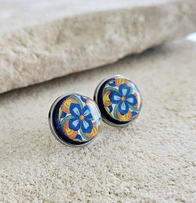 Round Mexican Tile Stud Earring Talavera Colorful Jewelry Mexico Orange Blue Small STEEL Stud Tile Floral Jewelry Spanish Latina Mother Gift