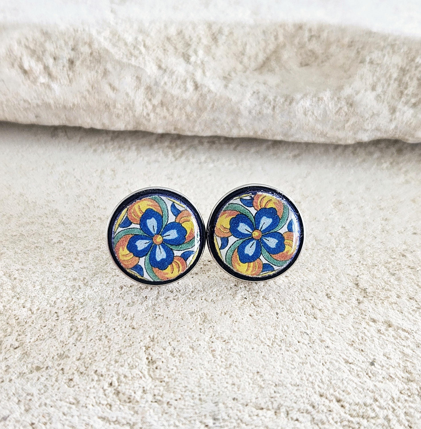 Round Mexican Tile Stud Earring Talavera Colorful Jewelry Mexico Orange Blue Small STEEL Stud Tile Floral Jewelry Spanish Latina Mother Gift