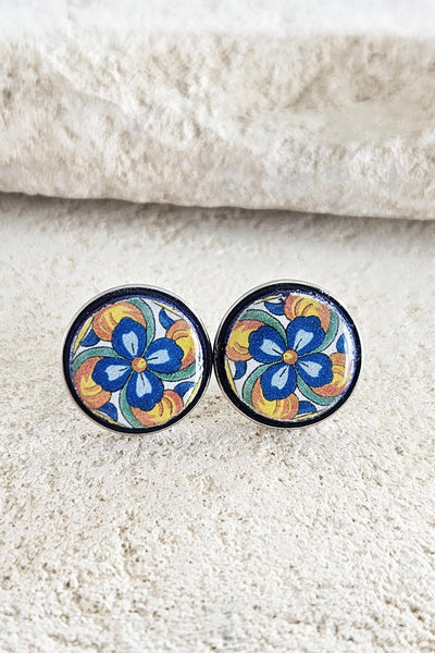 Round Mexican Tile Stud Earring Talavera Colorful Jewelry Mexico Orange Blue Small STEEL Stud Tile Floral Jewelry Spanish Latina Mother Gift