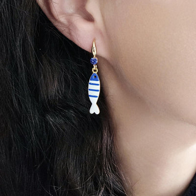 Portuguese Sardine Earring Blue White Stripe Sardine Earrings 925 Sterling Gold Drop Earring Sardine Enamel Earring Gift From Portugal