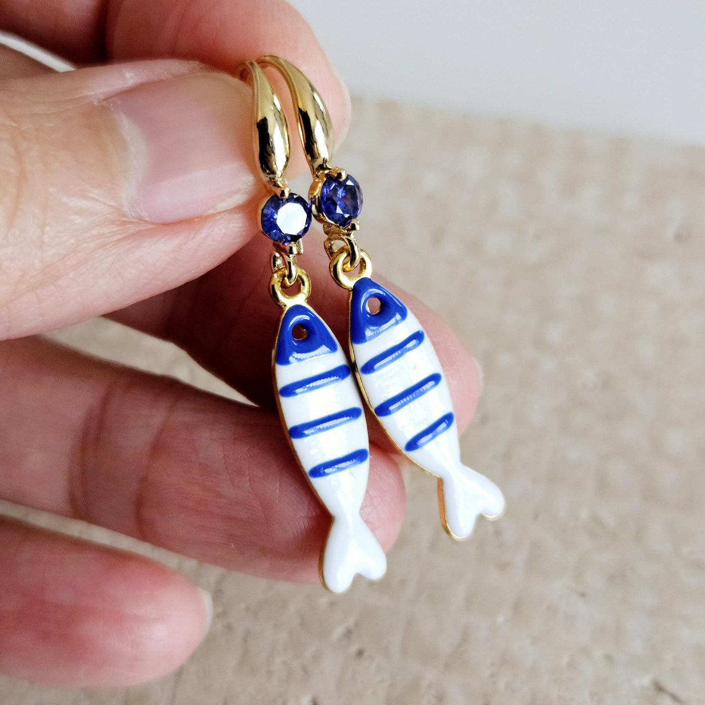 Portuguese Sardine Earring Blue White Stripe Sardine Earrings 925 Sterling Gold Drop Earring Sardine Enamel Earring Gift From Portugal