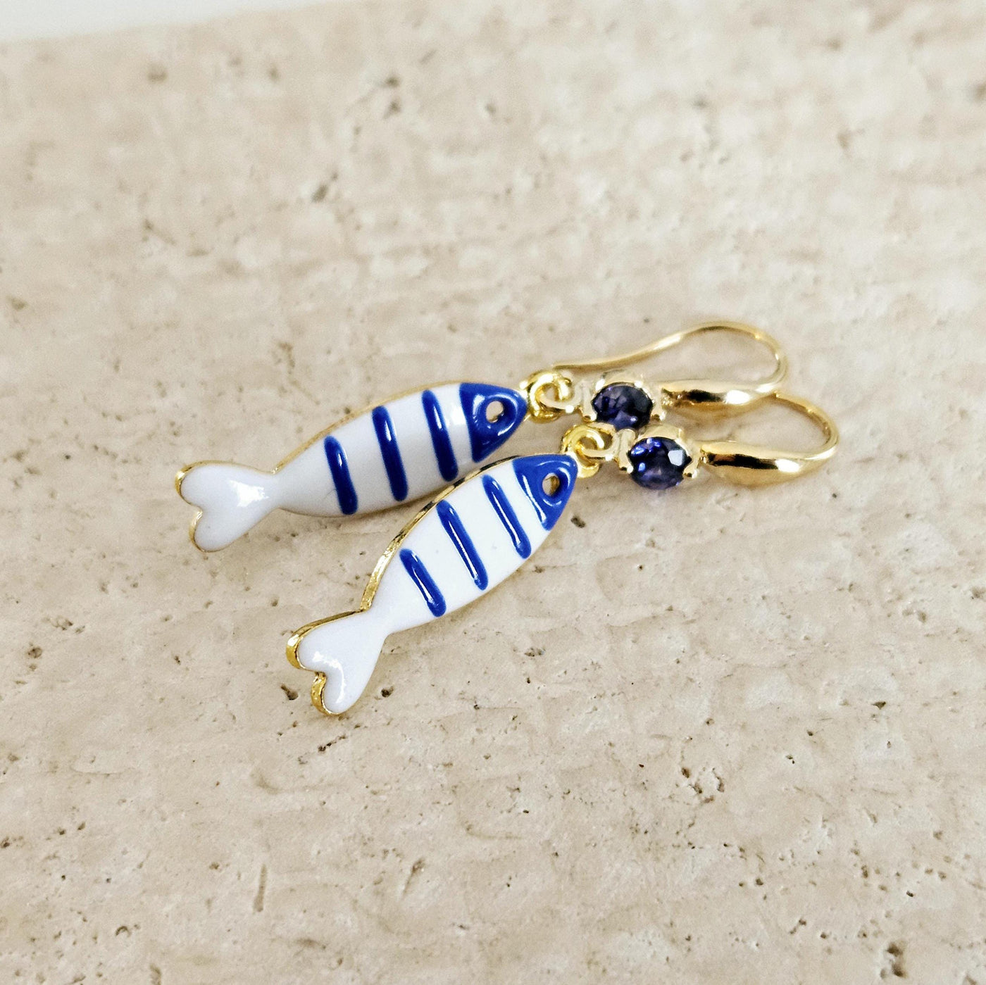 Portuguese Sardine Earring Blue White Stripe Sardine Earrings 925 Sterling Gold Drop Earring Sardine Enamel Earring Gift From Portugal