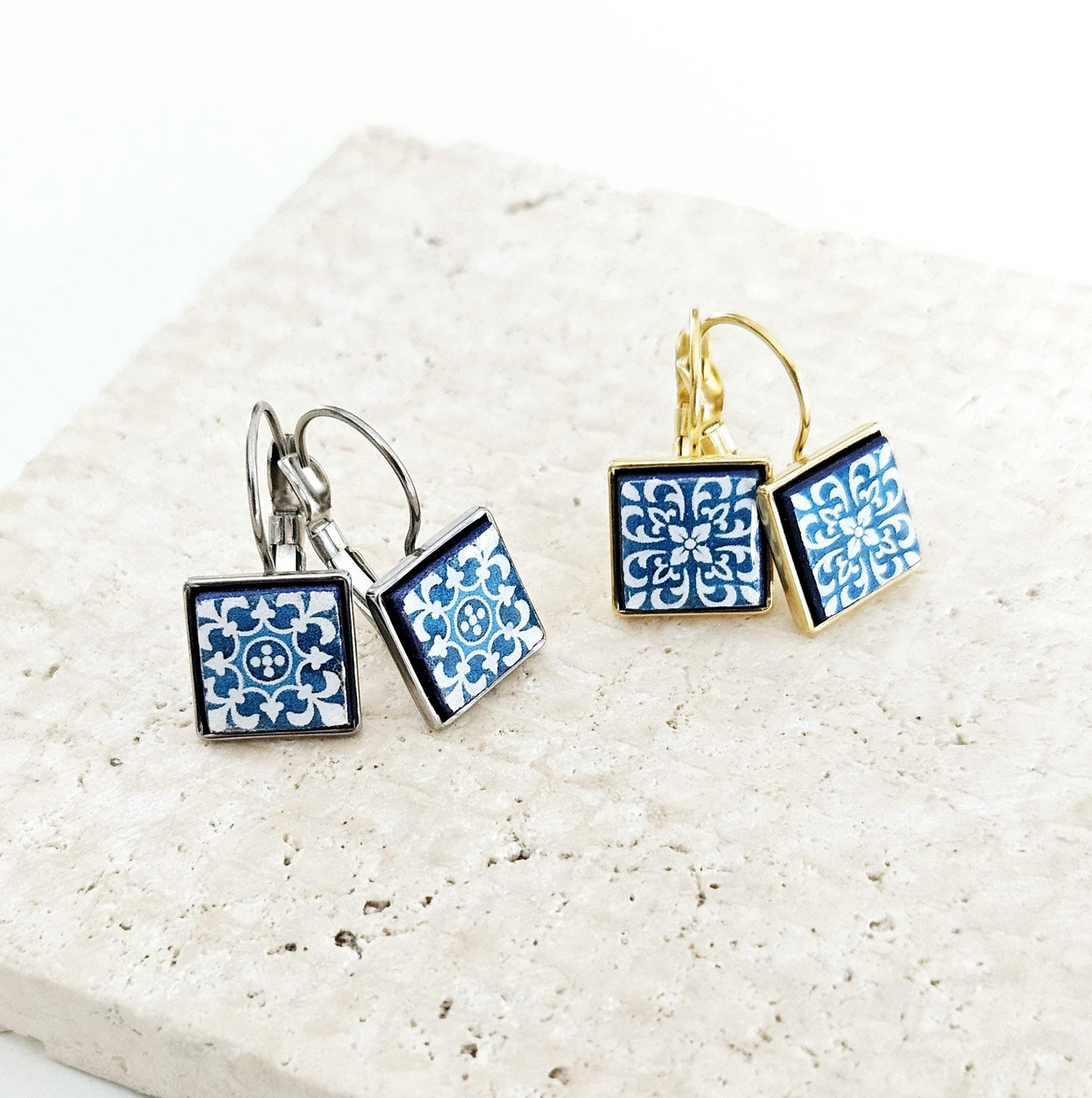 GOLD Blue Azulejo Tile Earring Stainless STEEL Drop Square Geometric Earring Gift Blue Tile Earring Silver Gold Mediterranean Travel Gift