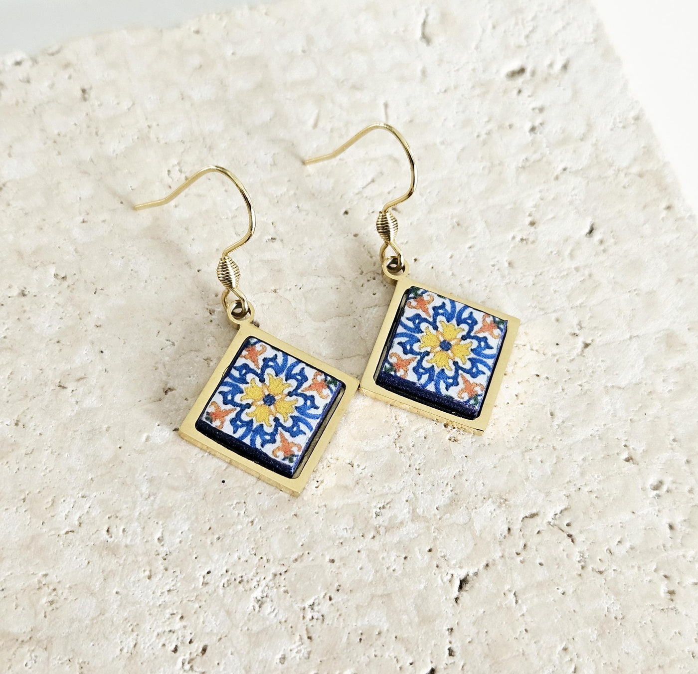 Aveiro Portugal Tile Earring Diamond Drop GOLD Earring Azulejo Stainless STEEL Prom Earring Portuguese Jewelry Gift Mom Wife Birthday Gift