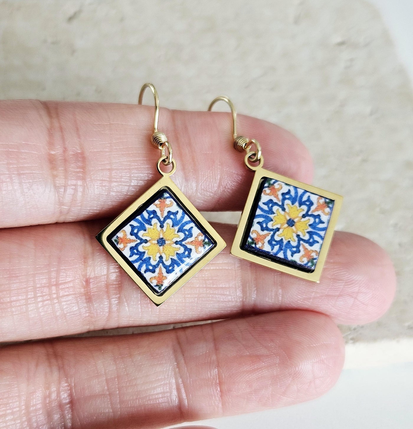 Aveiro Portugal Tile Earring Diamond Drop GOLD Earring Azulejo Stainless STEEL Prom Earring Portuguese Jewelry Gift Mom Wife Birthday Gift