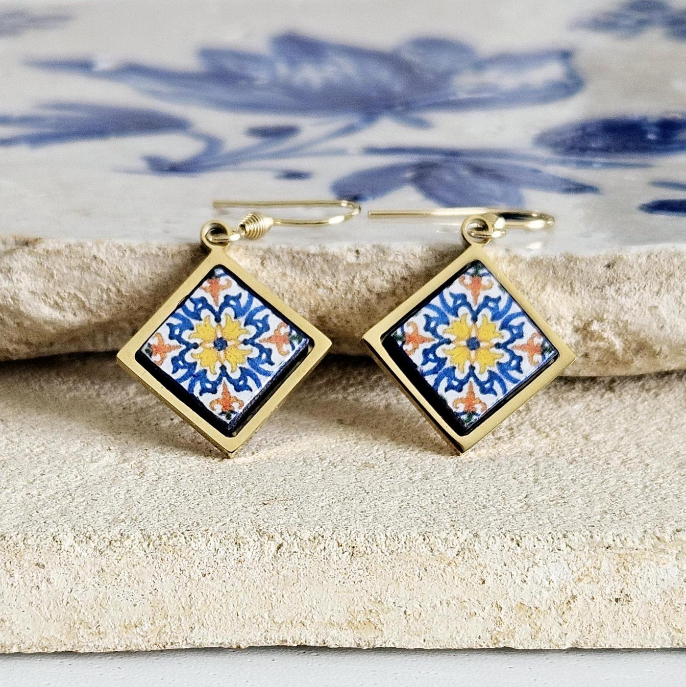 Aveiro Portugal Tile Earring Diamond Drop GOLD Earring Azulejo Stainless STEEL Prom Earring Portuguese Jewelry Gift Mom Wife Birthday Gift