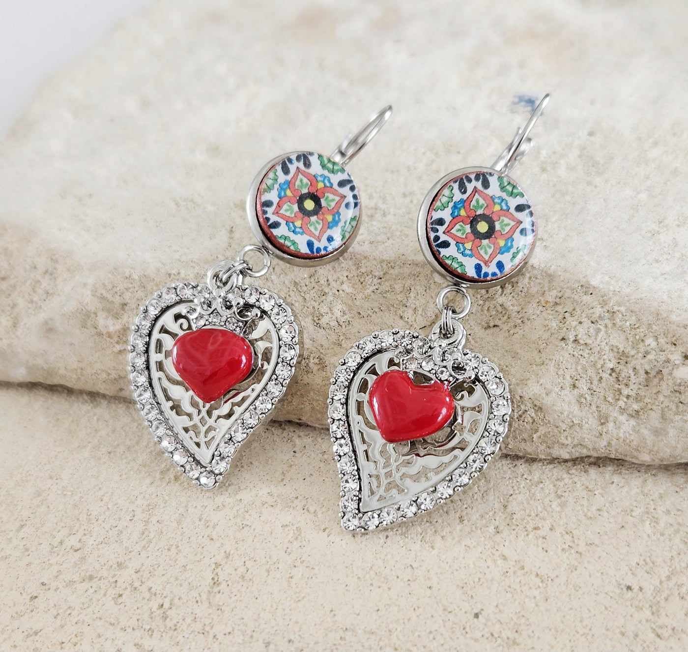 Mexican Round Tile Heart Milagros Earring Fiesta Red Silver STEEL Earring Talavera Mexico Tile Jewelry Spanish Tile Drop Heart Earring