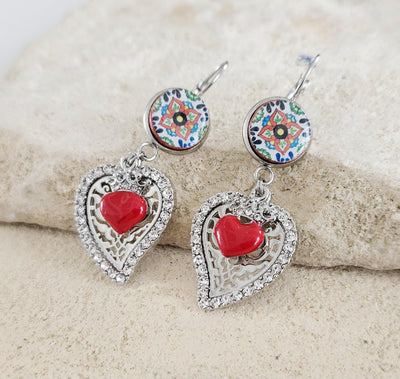 Mexican Round Tile Heart Milagros Earring Fiesta Red Silver STEEL Earring Talavera Mexico Tile Jewelry Spanish Tile Drop Heart Earring