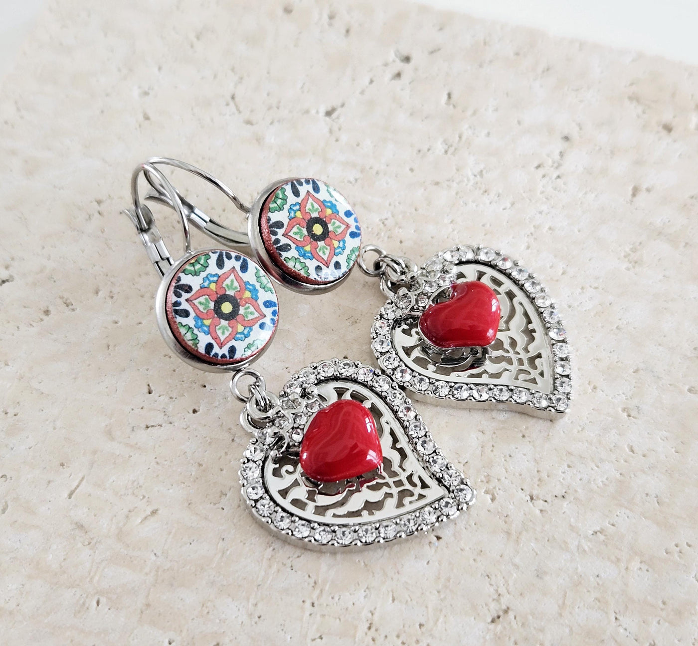 Mexican Round Tile Heart Milagros Earring Fiesta Red Silver STEEL Earring Talavera Mexico Tile Jewelry Spanish Tile Drop Heart Earring