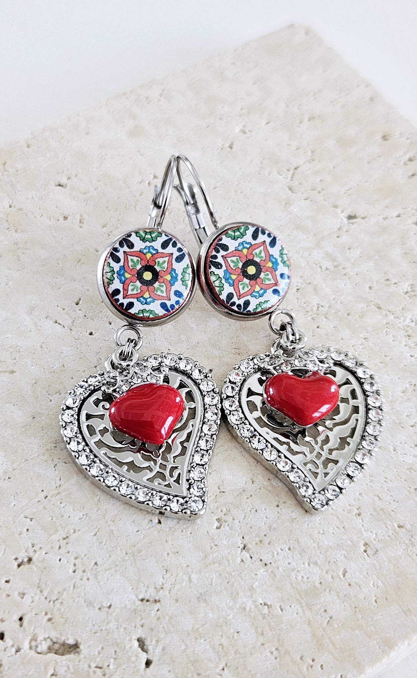 Mexican Round Tile Heart Milagros Earring Fiesta Red Silver STEEL Earring Talavera Mexico Tile Jewelry Spanish Tile Drop Heart Earring