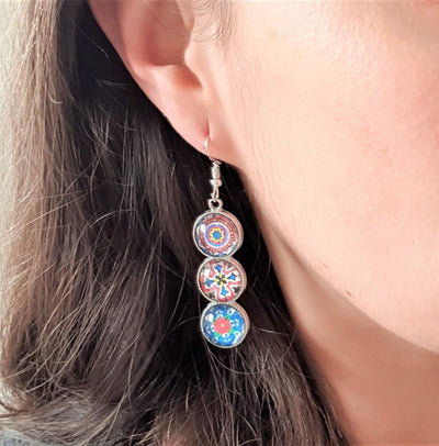 Mexican Tile Round Bar Earring Long Earring Mexico Colorful Jewelry Silver STEEL Mixed Tile Earring Mismatched Tile Handcrafted Woman Gift