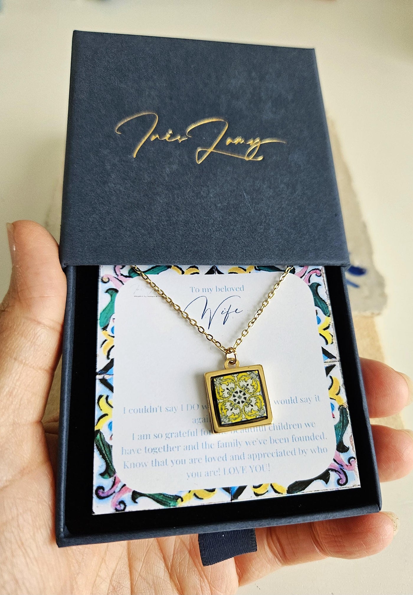 Wife Personalized Message Card Necklace Wife Gift Necklace Anniversary Spouse Gift Husband Gift for Wife Custom Sentimental Jewelry Present