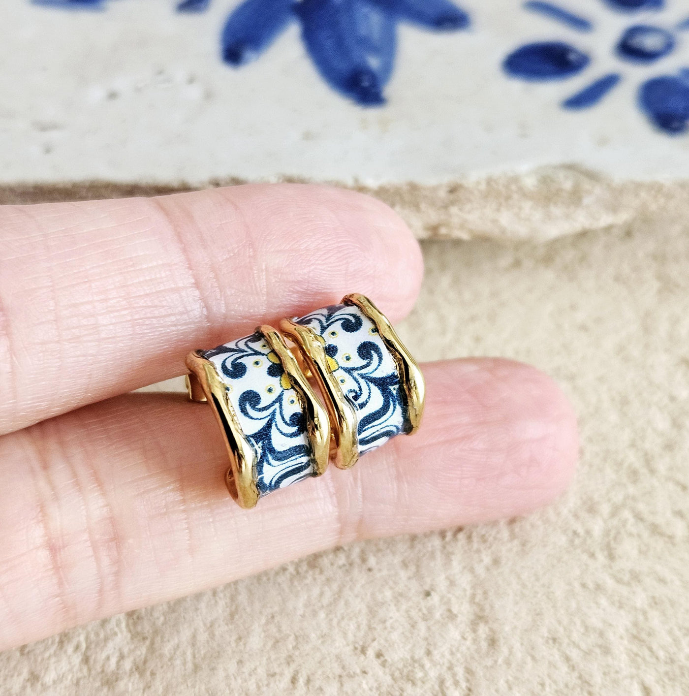 Portugal Tile Small HOOP Earring Flat GOLD Hoop Stainless STEEL Hoop Earring Vintage Blue Yellow Tile Portuguese Lisbon Travel Birthday Gift