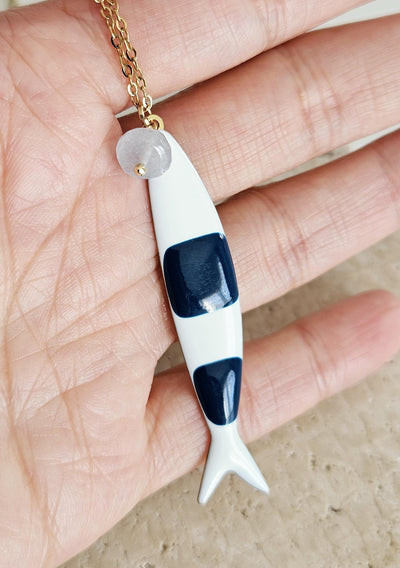 Portuguese Sardine Necklace Fish Blue White Enamel Pendant Gold Silver Sea Animal Long Fish Sardine Jewelry Gift Portugal Souvenir Gift