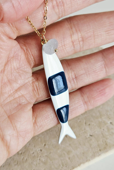 Portuguese Sardine Necklace Fish Blue White Enamel Pendant Gold Silver Sea Animal Long Fish Sardine Jewelry Gift Portugal Souvenir Gift