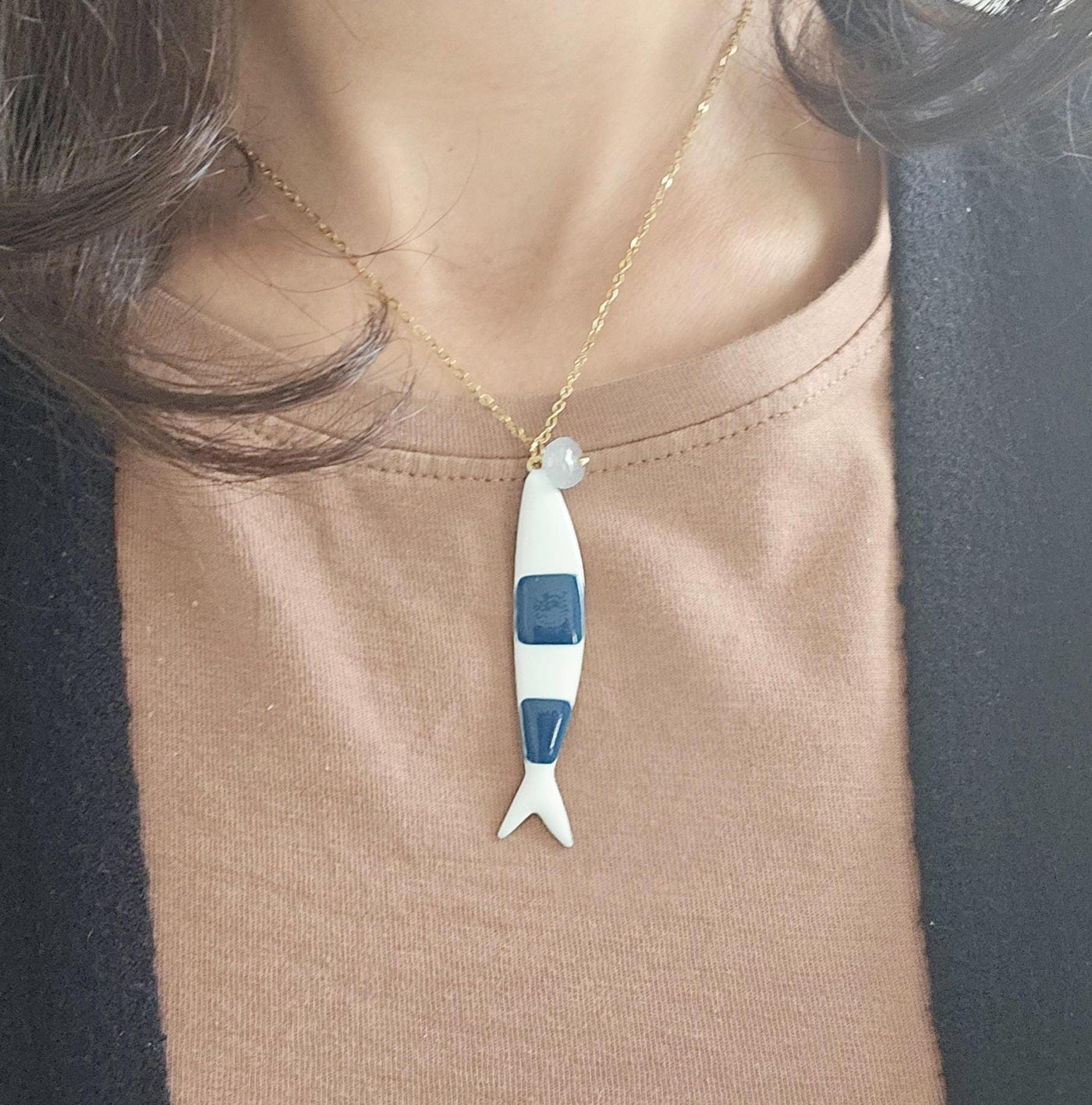 Portuguese Sardine Necklace Fish Blue White Enamel Pendant Gold Silver Sea Animal Long Fish Sardine Jewelry Gift Portugal Souvenir Gift