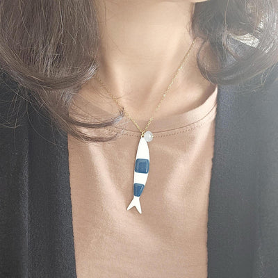 Portuguese Sardine Necklace Fish Blue White Enamel Pendant Gold Silver Sea Animal Long Fish Sardine Jewelry Gift Portugal Souvenir Gift