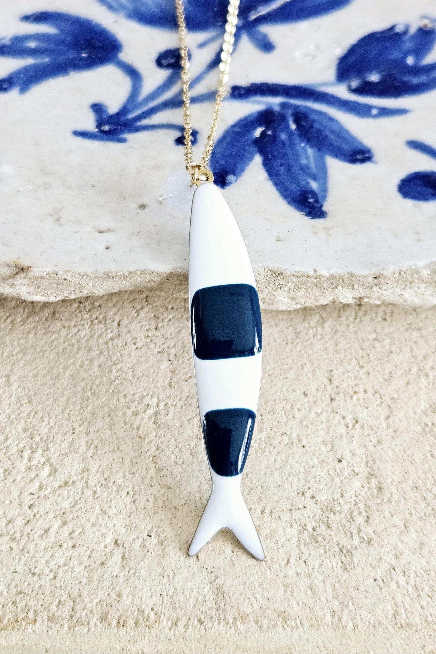 Portuguese Sardine Necklace Fish Blue White Enamel Pendant Gold Silver Sea Animal Long Fish Sardine Jewelry Gift Portugal Souvenir Gift