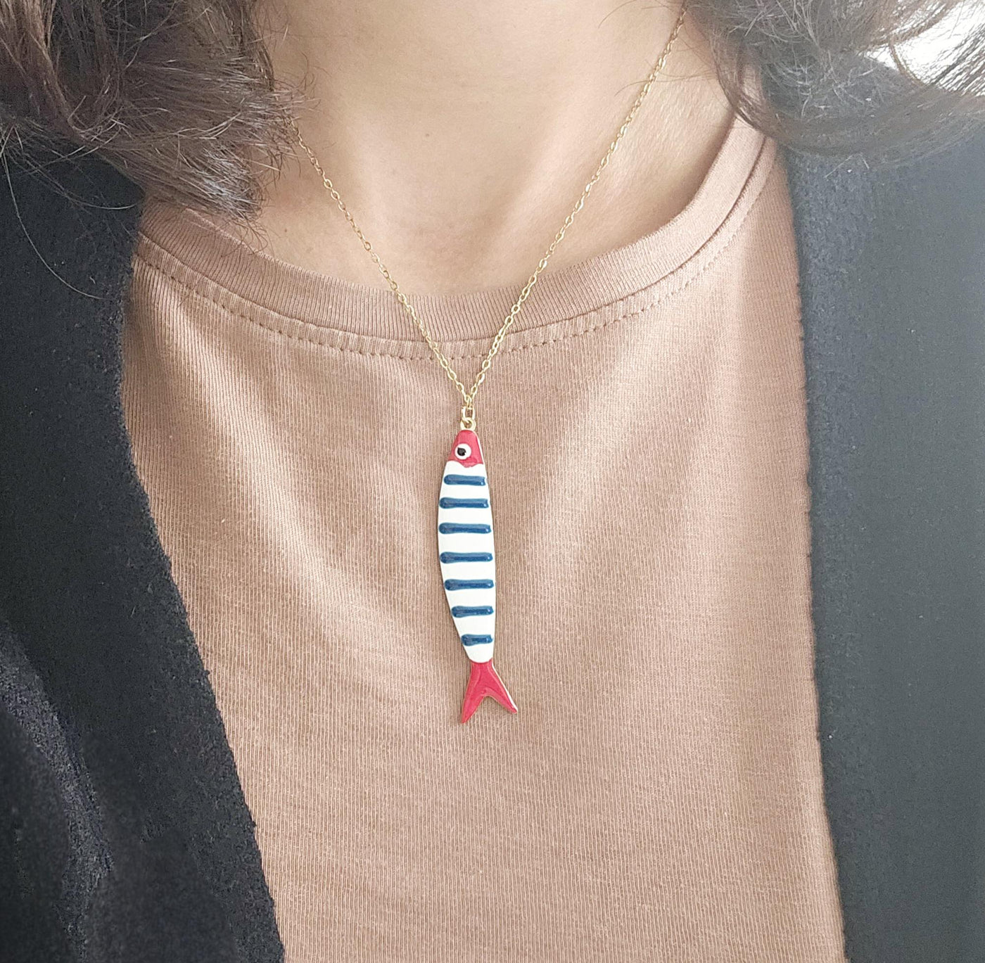 Portuguese Sardine Necklace Fish Blue Red White Enamel Pendant Gold Silver Sea Animal Long Fish Sardine Jewelry Gift Portugal Souvenir Gift