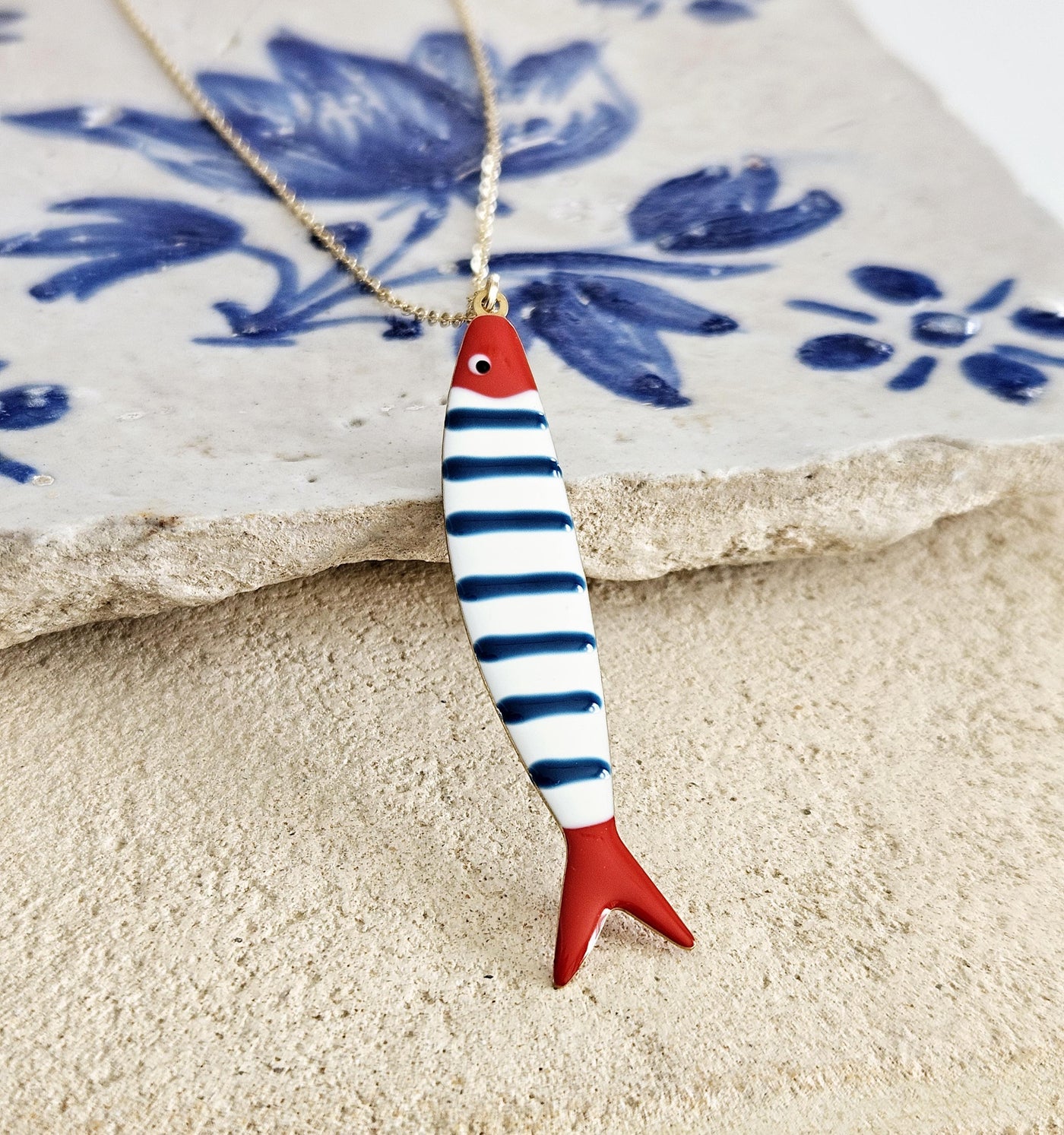 Portuguese Sardine Necklace Fish Blue Red White Enamel Pendant Gold Silver Sea Animal Long Fish Sardine Jewelry Gift Portugal Souvenir Gift