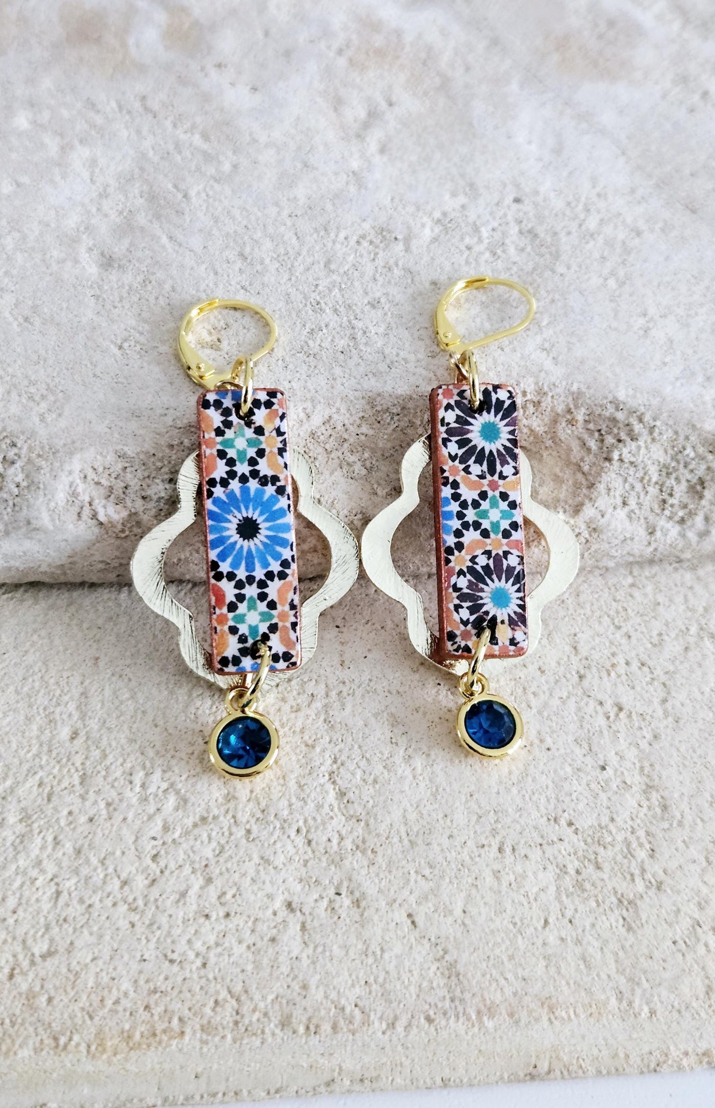 Moroccan Arabesque Tile GOLD Earring Ottoman Bar Earring Morocco Tile Long Earring Zelig Silver Earring Mismatched Arabic Tile Birthday Gift