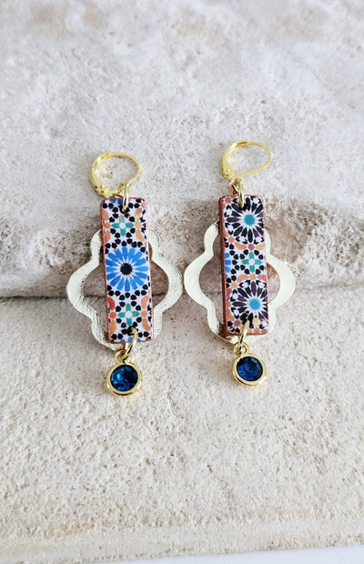 Moroccan Arabesque Tile GOLD Earring Ottoman Bar Earring Morocco Tile Long Earring Zelig Silver Earring Mismatched Arabic Tile Birthday Gift