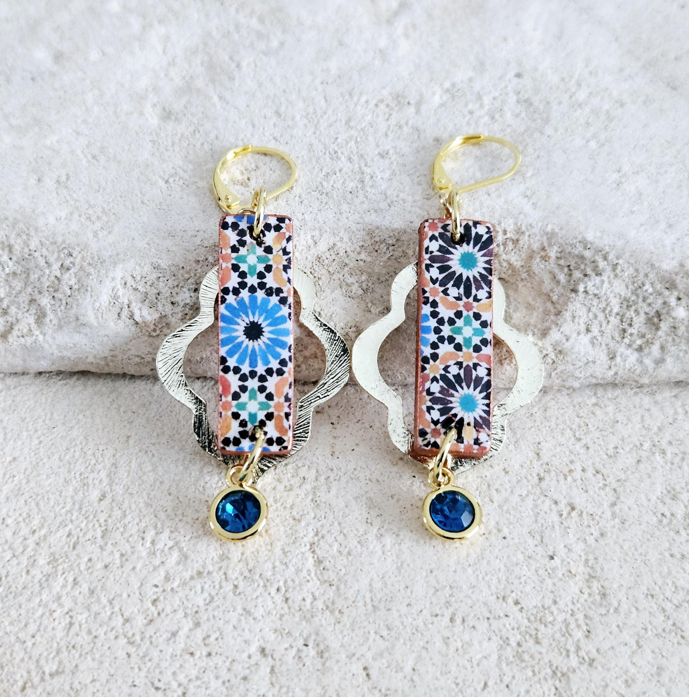 Moroccan Arabesque Tile GOLD Earring Ottoman Bar Earring Morocco Tile Long Earring Zelig Silver Earring Mismatched Arabic Tile Birthday Gift