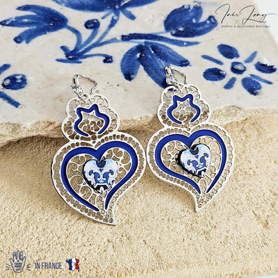 Viana Heart Blue Earring Filigree Steel Dangle Azulejo Heart 925 Sterling Silver Earring CZ Zircon Stone Lightweight Handmade Jewelry Gift