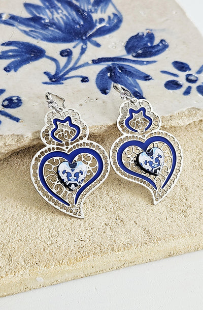 Viana Heart Blue Earring Filigree Steel Dangle Azulejo Heart 925 Sterling Silver Earring CZ Zircon Stone Lightweight Handmade Jewelry Gift